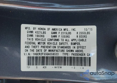 2016 Honda Accord Sport z USA, uszkodzony, nr VIN 1HGCR2F55GA058533